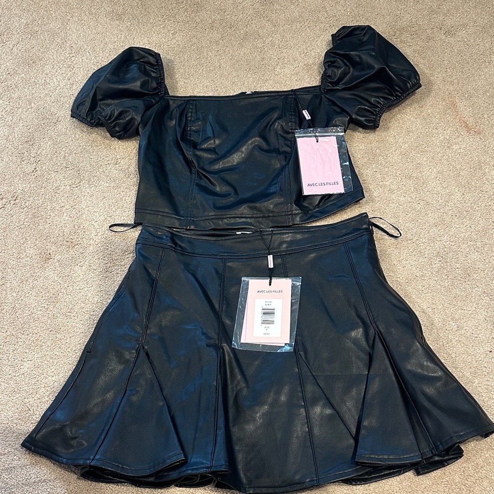 Avec Les Filles Black Faux Leather Puff Sleeve Crop Top & Flared Mini Skirt Set